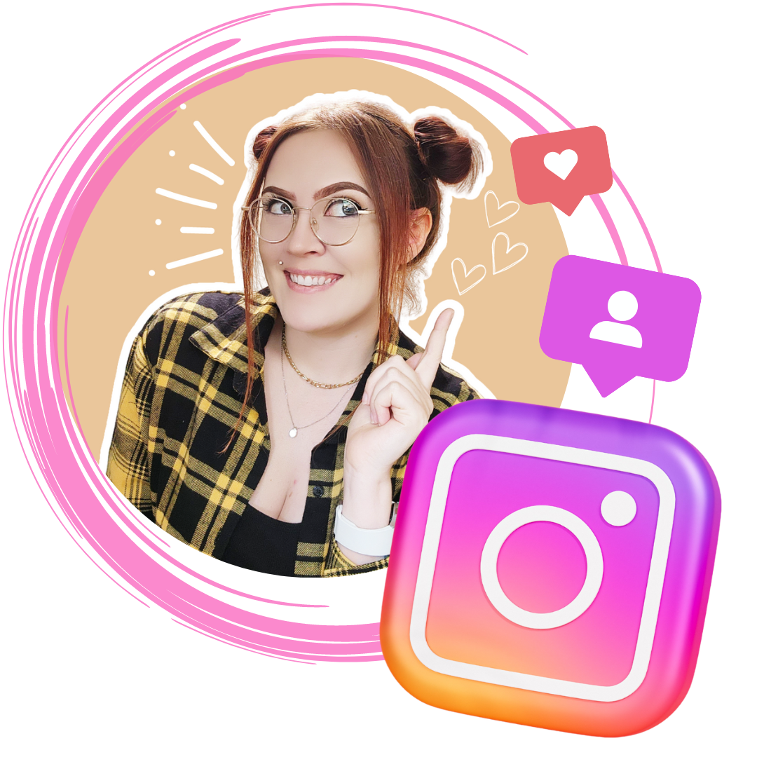 Starla Moore pointing at Instagram Heart Reaction and New follower notification, next to a 3D Instagram Logo