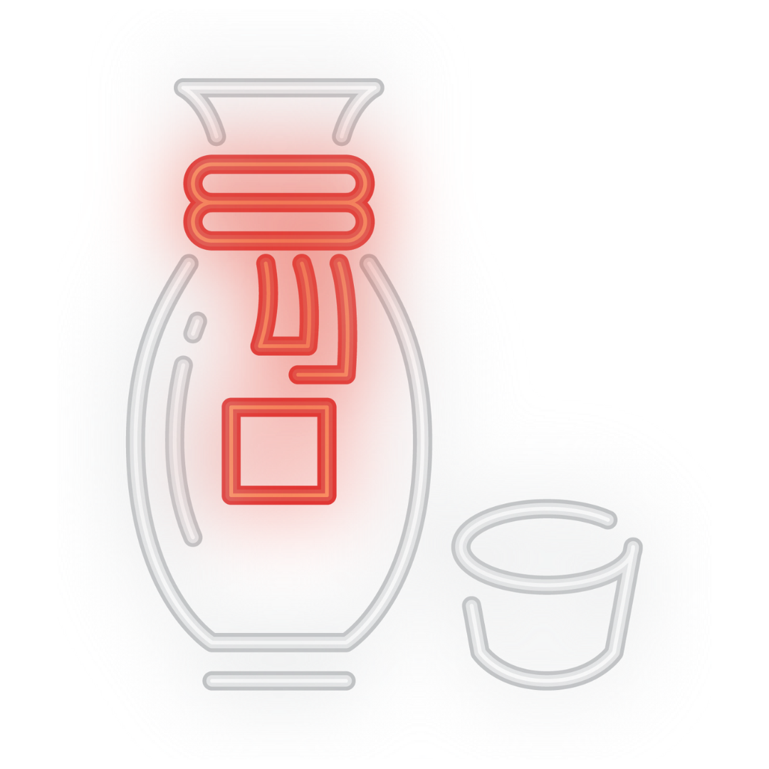 Glowing neon sign style Japanese sake bottle and cup