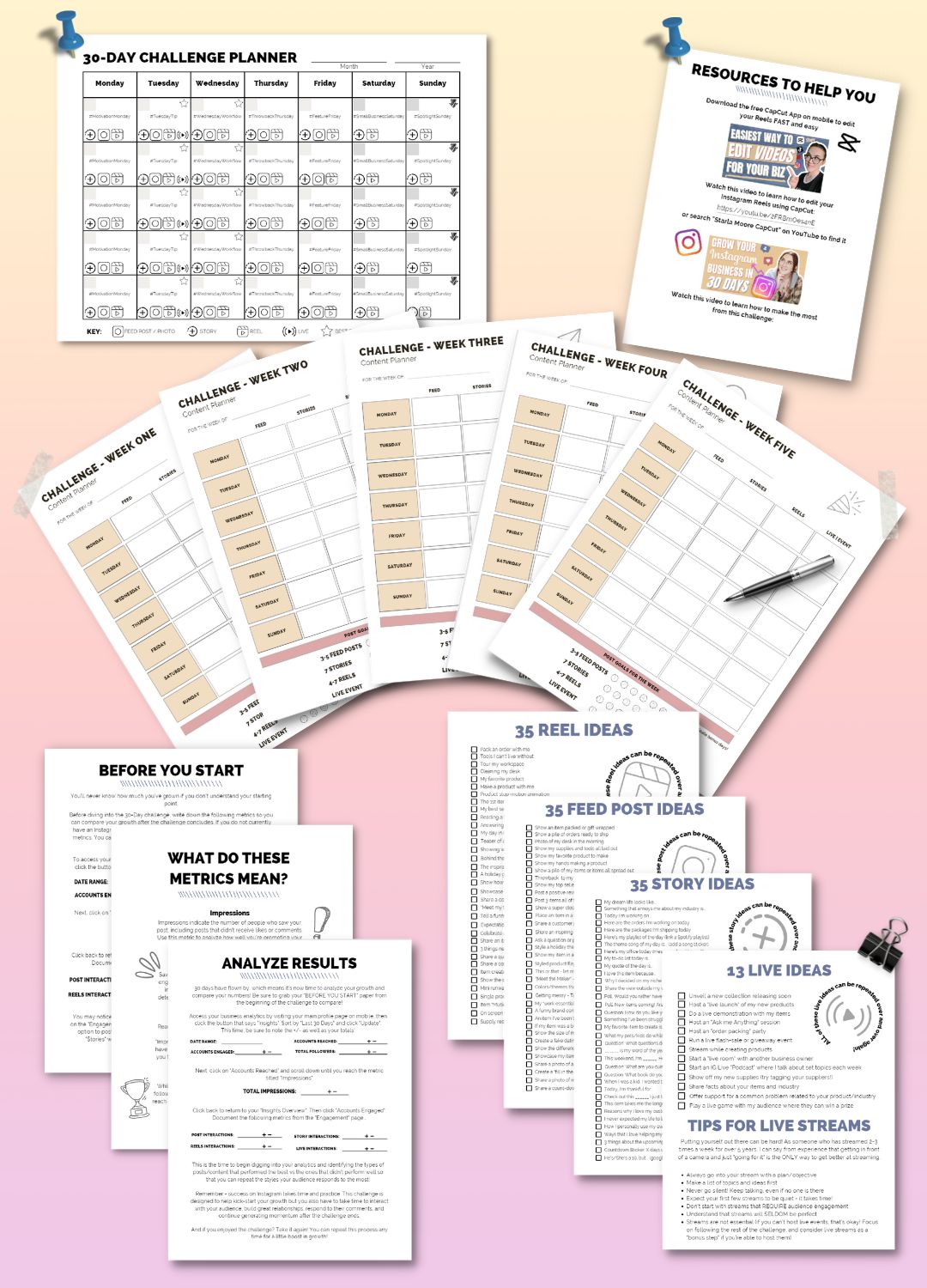 Printable documents included with the Instagram 30 day challenge kit, Instagram 30 Day challenge calendar, Instagram resources to help with growth, 5 weekly content planner PDFs, 3 Instagram Analytic Analysis PDFs, and 4 pages of Instagram Reel, Post, Story, and Live stream ideas 