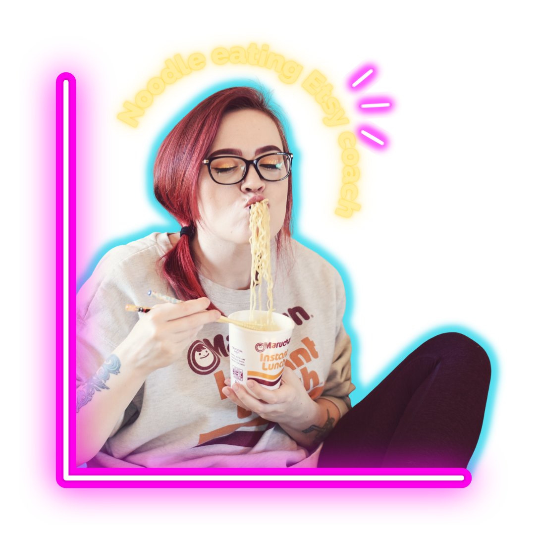 Etsy SEO Coach Starla Moore, woman with red hair and glasses, eating a cup of ramen noodles with chopsticks with glowing words above her head that say "Noodle eating Etsy coach"