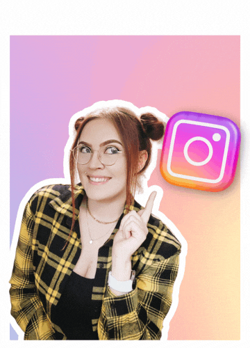Starla Moore pointing at Instagram logo with a bouncing Instagram follower notification above her head