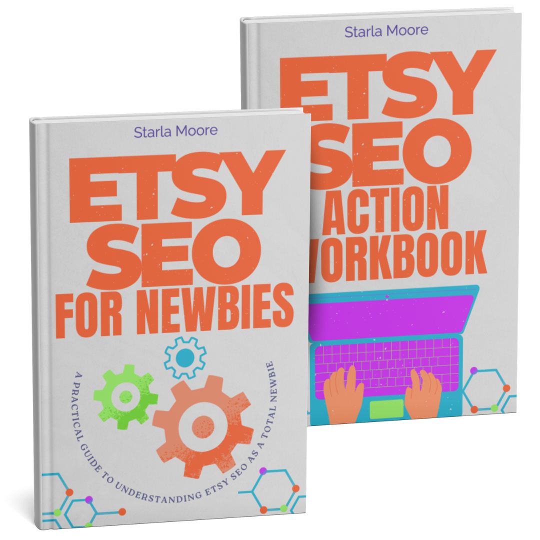 Two books representing eBooks stand vertically. The first, titled "Etsy SEO for Newbies," features colorful gears. The second, titled "Etsy SEO Action Workbook," shows hands typing on a blue laptop.