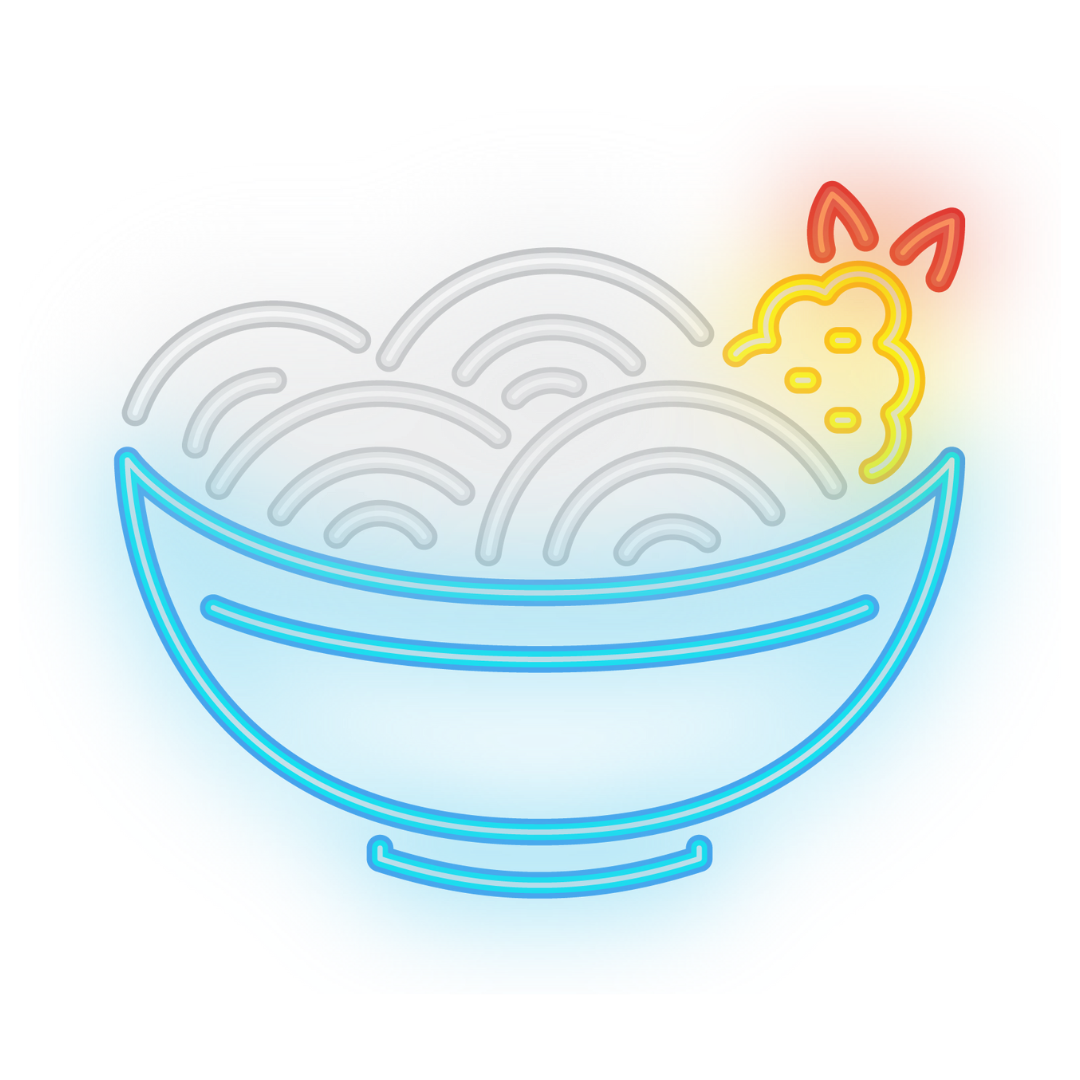 Glowing neon sign style ramen noodle bowl with shrimp