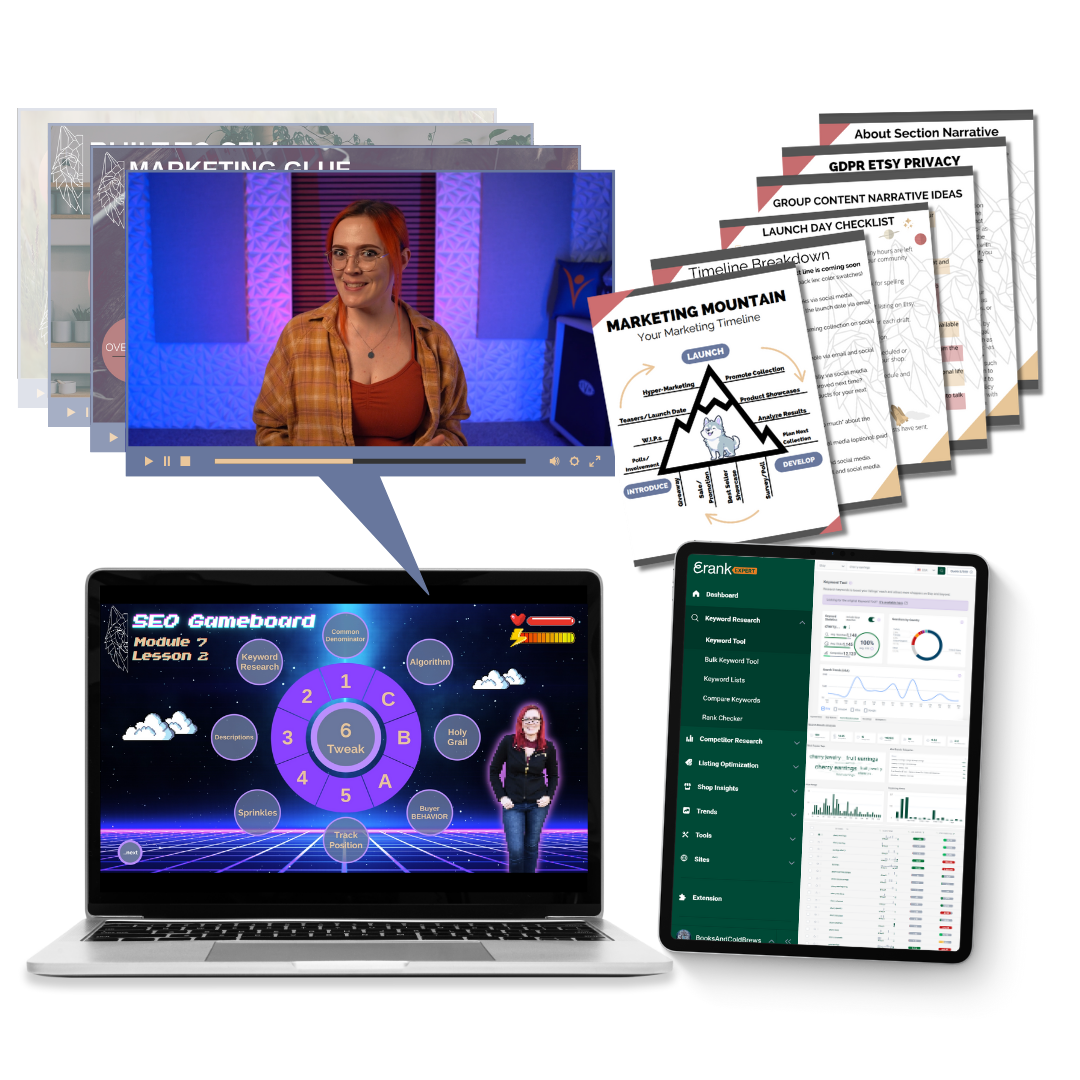 A visual representation of Starla Moore's Handmade Alpha Academy, including a laptop with the course on screen, a tablet displaying eRank Pro, and included worksheets