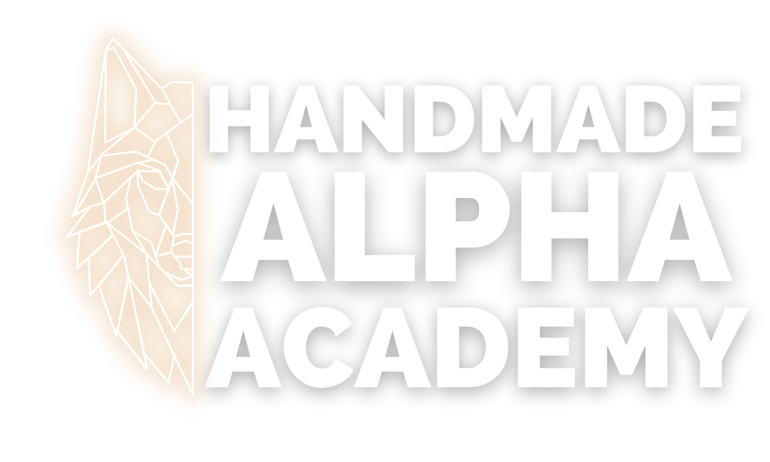 Logo text that says "Handmade Alpha Academy" with a geometric glowing wolf